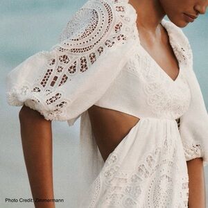 Zimmermann Vacay Lace & Eyelet Asymmetrical Open Back Mini Dress Size AU 1 US 6